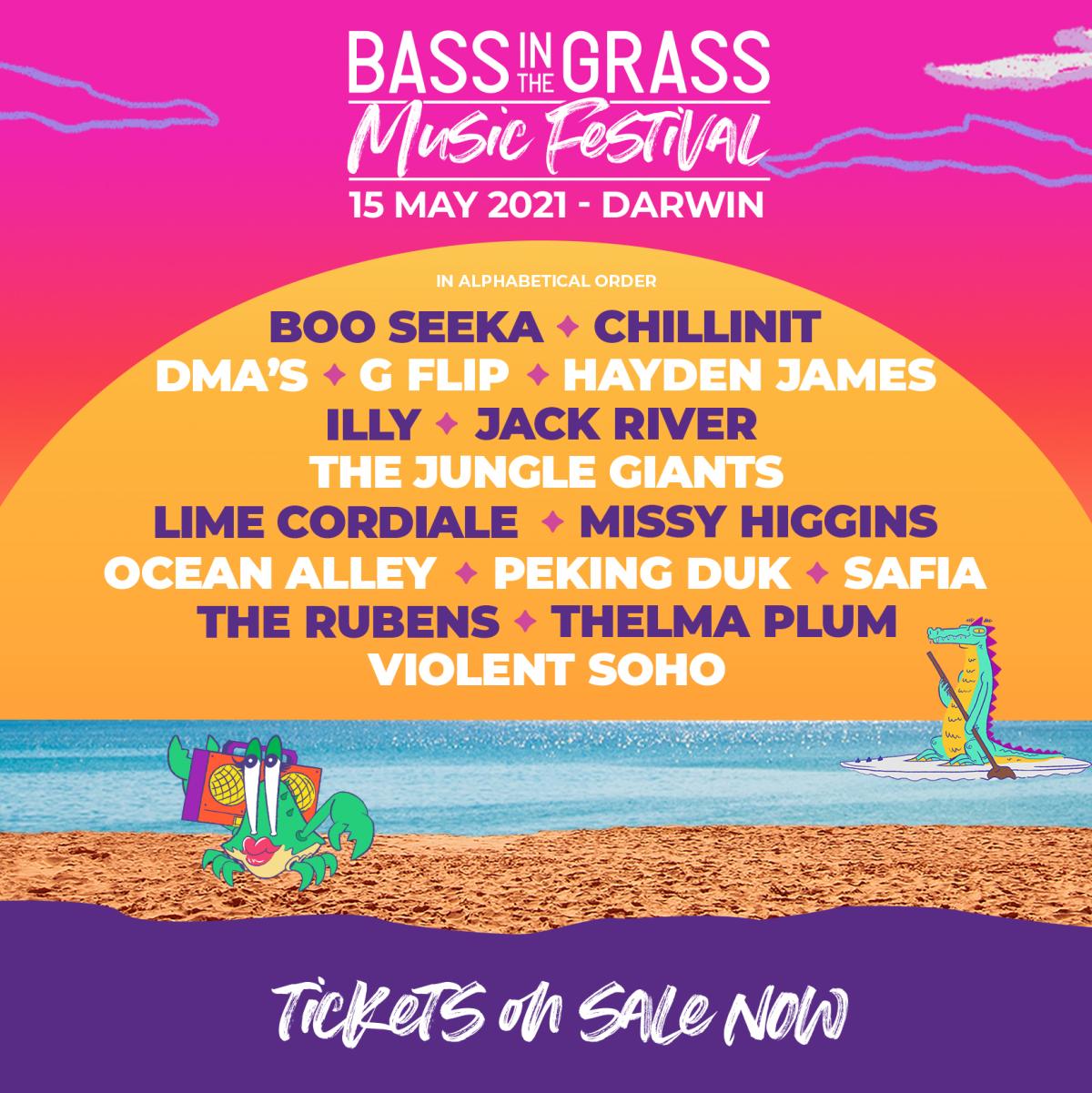 The BASSINTHEGRASS line-up is Boo Seeka, ChillinIT, DMA'S, G Flip, Hayden James, ILLY, Jack River, The Jungle Giants, Lime Cordiale, Missy Higgins, Ocean Alley, Peking Duk, SAFIA, The Rubens, Thelma Plum and Violent Soho|BASSINTHEGRASS line-up announced