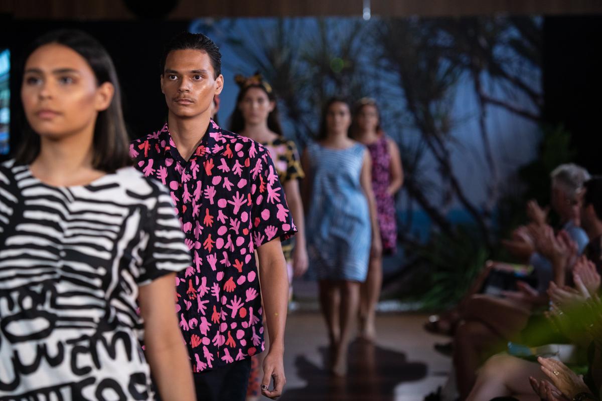 Ikuntji X Magpie Goose on catwalk (full), Country to Couture 2020, photo credit George F Photography (2)