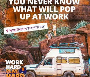 image of camping 4WD with graphics and couple on rock