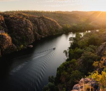 aerial of Nitmiluk Gorge Cruise travelling along the Gorge