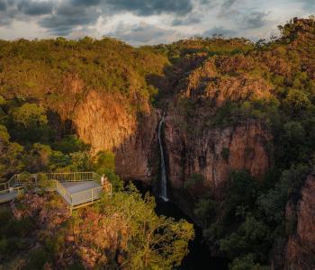 aerial image of Tolmer Falls with people standing on lookout