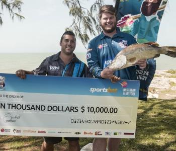 Fisho Reece Prior (right) bagged a $10,000 barra with his mate Zenon Theodorou