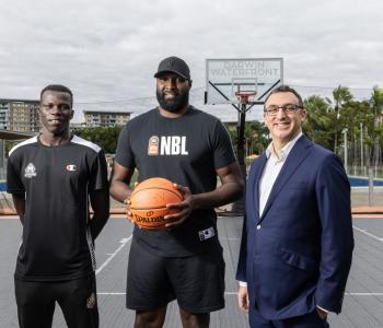 Melbourne United player Makuach Maluach, indigenous Australian basketball legend Nate Jawai and NBL Commissioner Jeremy Loeliger