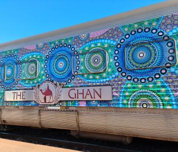 The Ghan featuring artwork by Parrtjima artist Chantelle Mulladad