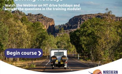 Camper vehicle driving down a beautiful tree lined highway with mountains in the background